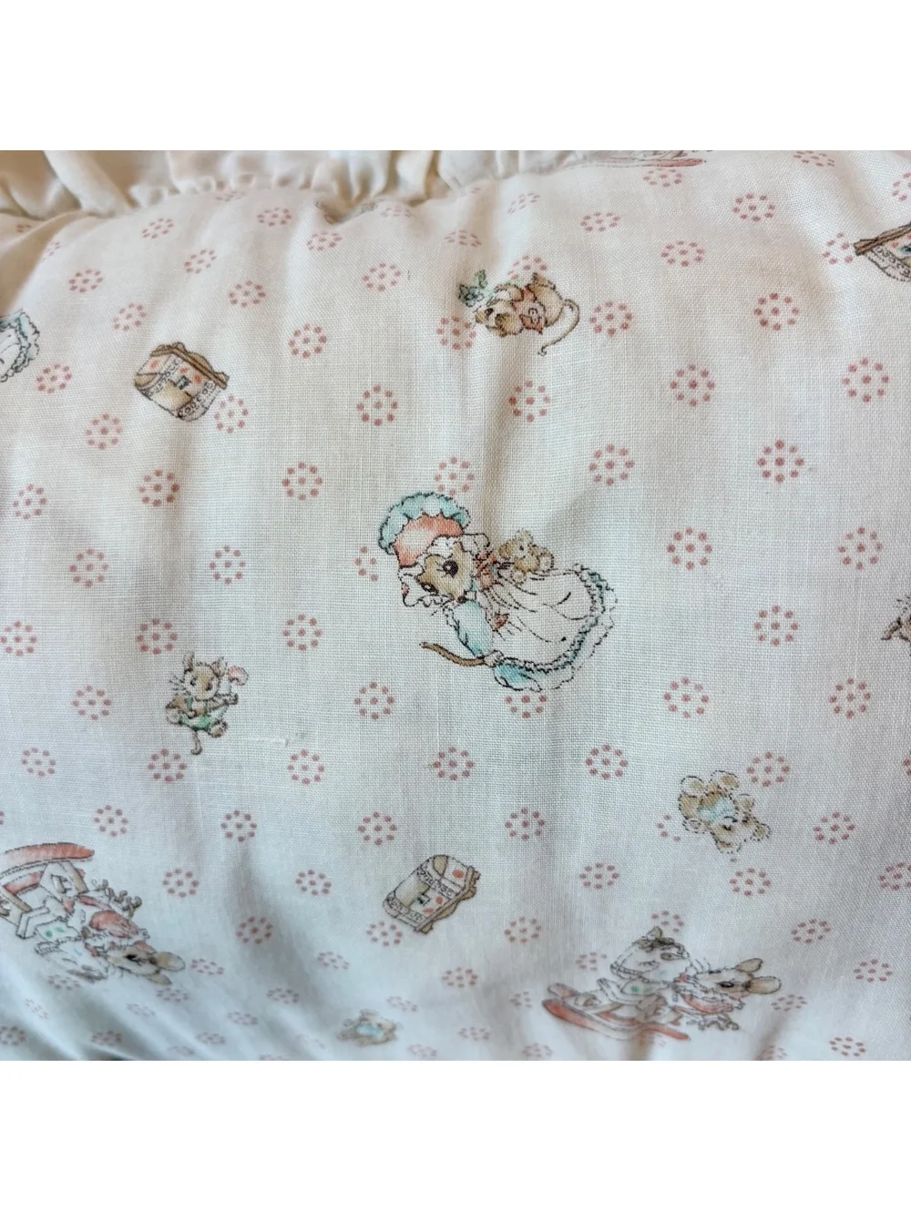 Vintage Nursery Pillow Mice Rocking Horse Eyelet Lace Ruffle Cottagecore Gift